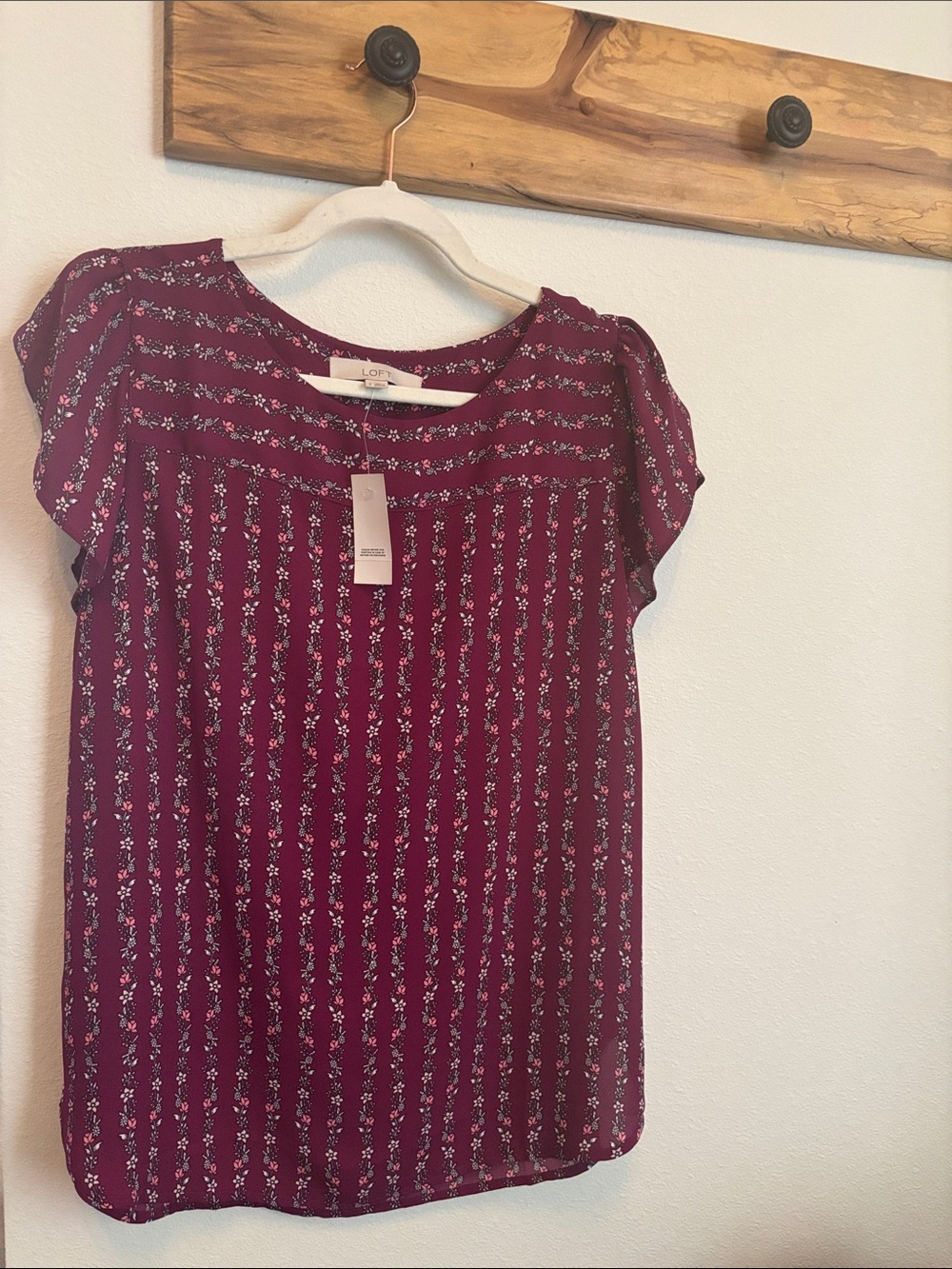 LOFT Wine Floral Stripe Short Sleeve Blouse